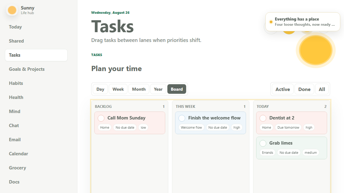 Sunny's real Board with the brain dump sorted into actionable tasks.