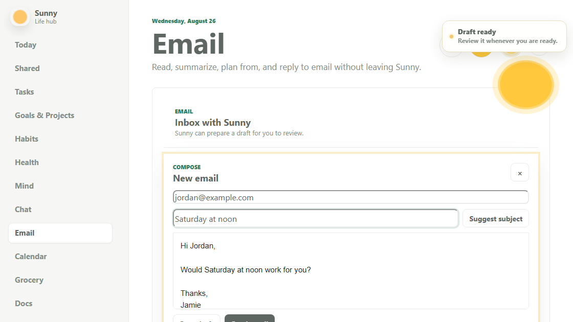Sunny's real Email composer with a draft to Jordan ready for review.