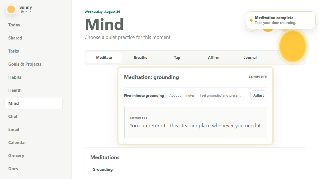 Sunny's real Mind view with a grounding meditation in progress.