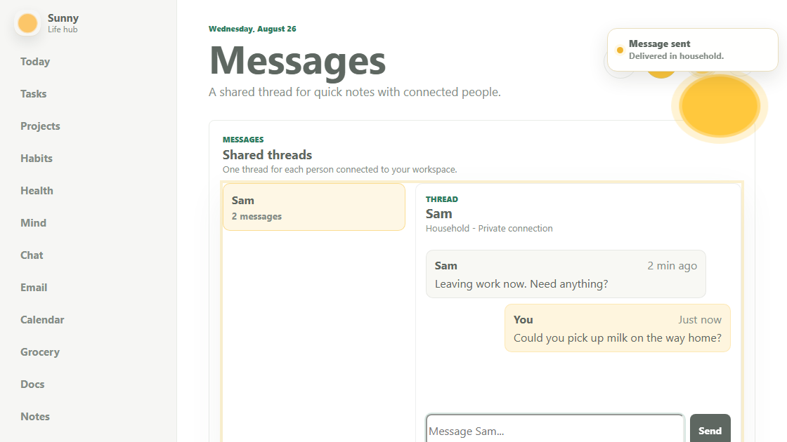 Sunny's real Messages view with a pick-up-milk note in a household thread.