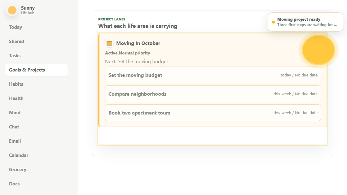Sunny's real Projects view with an October move and its first three tasks.