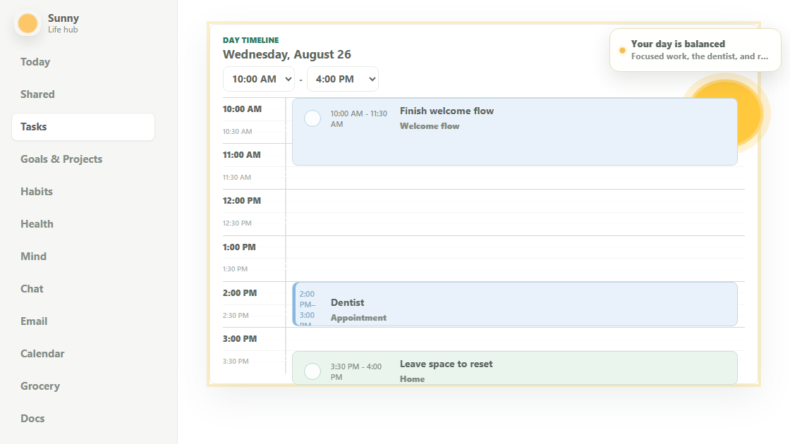 Sunny's real Day planner with focus time and a reset arranged around a dentist appointment.