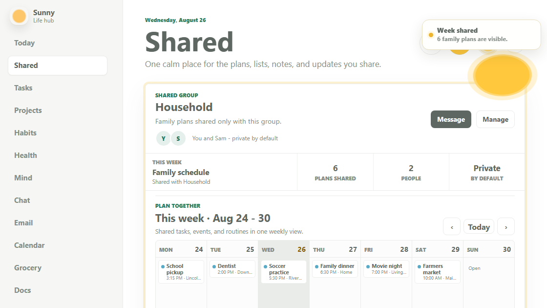 Sunny's real Shared view with a selected family schedule visible to Household.